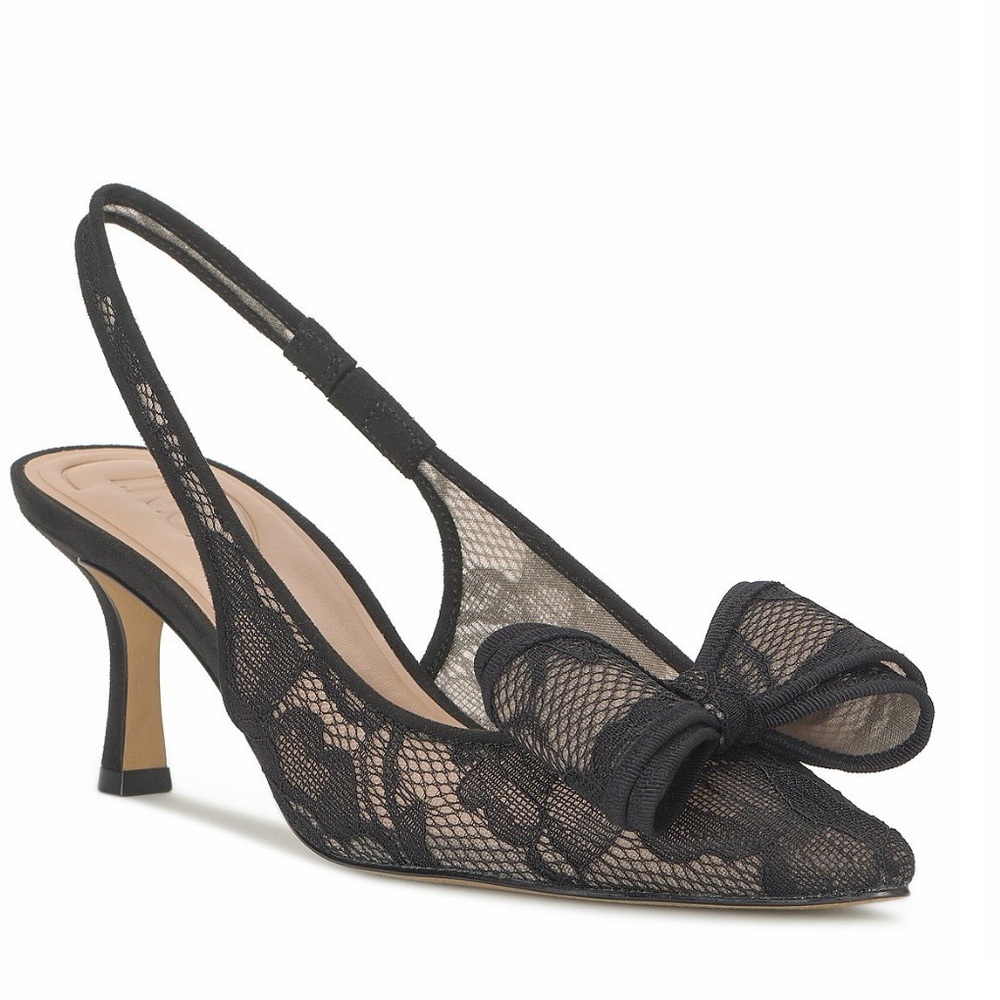 INC International Concepts Black Lace Slingback Pumps with Bow Accent